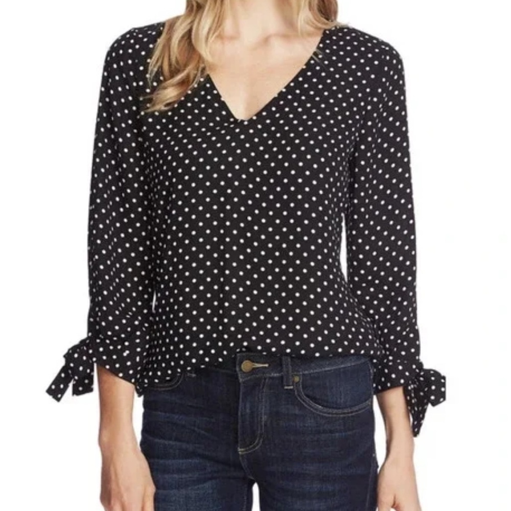CeCe Black and White Wrap Blouse with 3/4 Sleeves